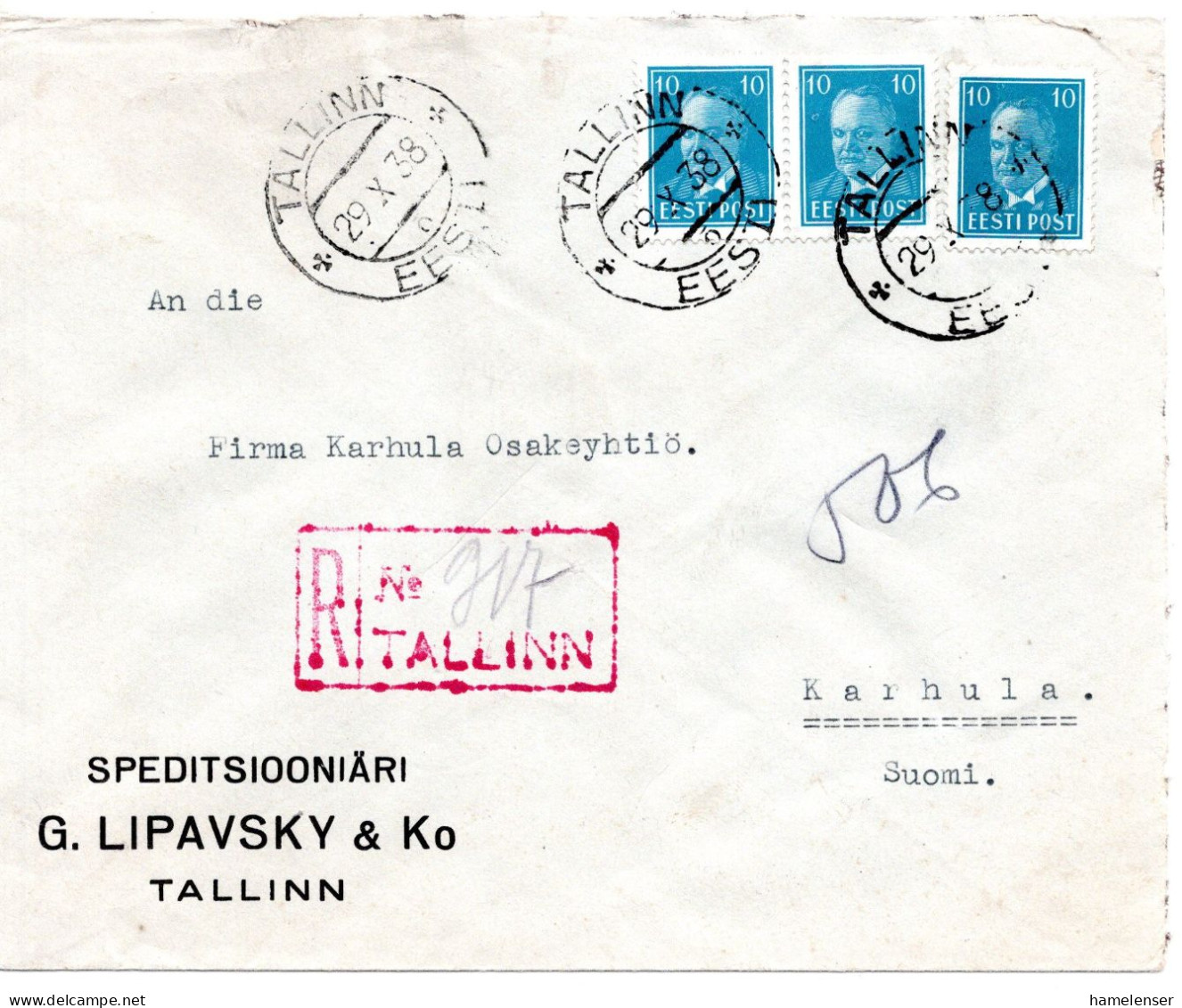 68086 - Estland - 1938 - 3@10S A R-Bf TALLINN -> KARHULA (Finnland) - Estonia