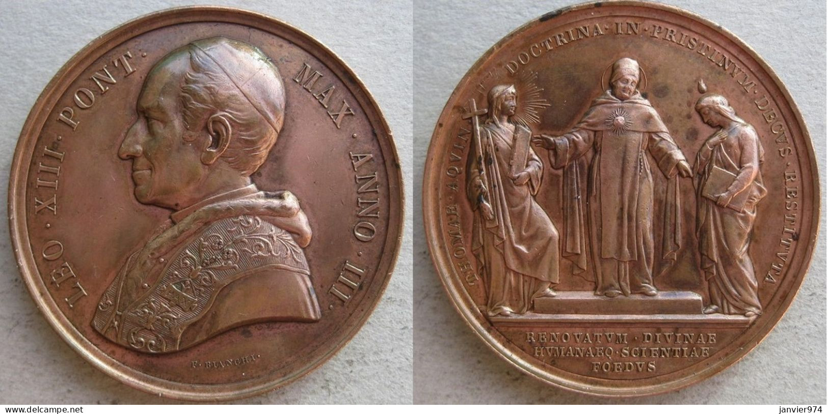 Médaille En Cuivre 1880 Léon XIII  An III . S. Tommaso D’Aquino Fra La Scienza E La Chiesa, Par BIANCHI - Monarquía/ Nobleza