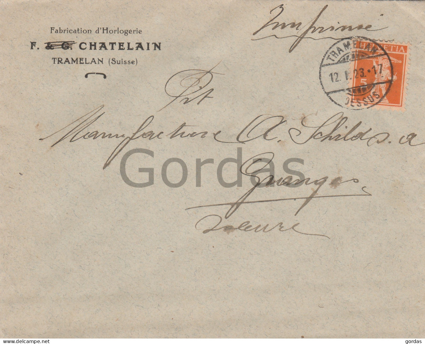 Switzerland - Tramelan - F. Chatelain - Fabrication D'Horologerie - Cover - Envelope - Advertise - 150x120mm - Tramelan