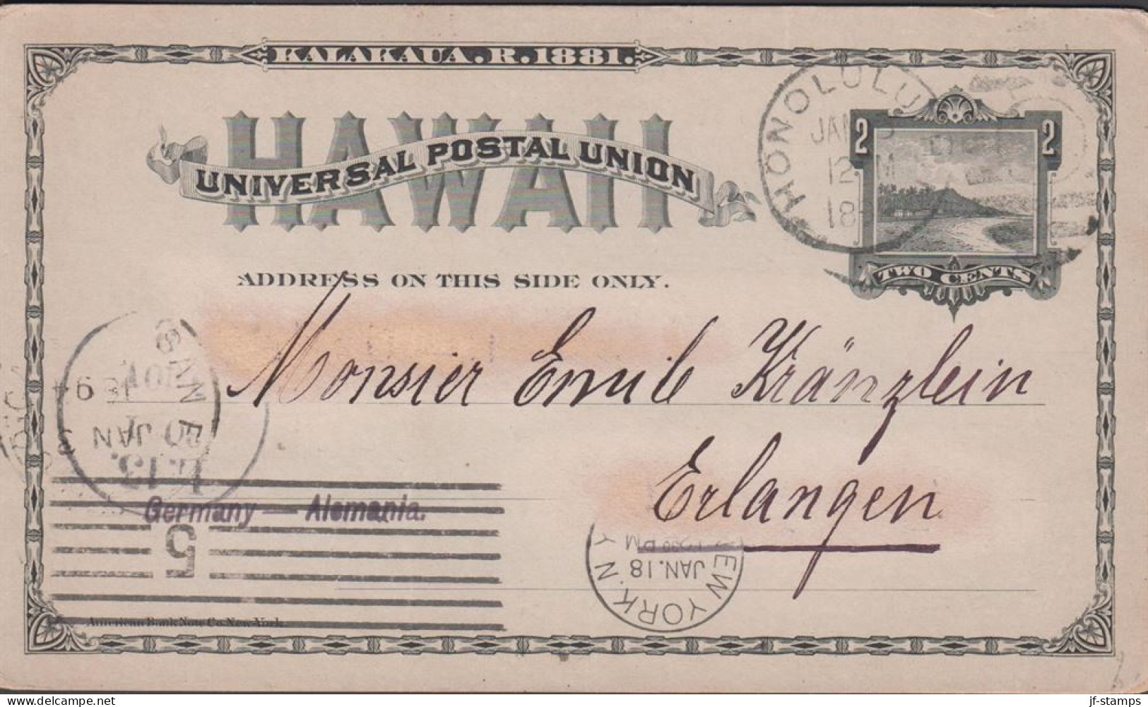1894. HAWAII. KALAKAUA. R. 1881 UNIVERSAL POSTAL UNION HAWAII Beautiful And Rare Card To Erlangen, Germany... - JF442050 - Hawaii