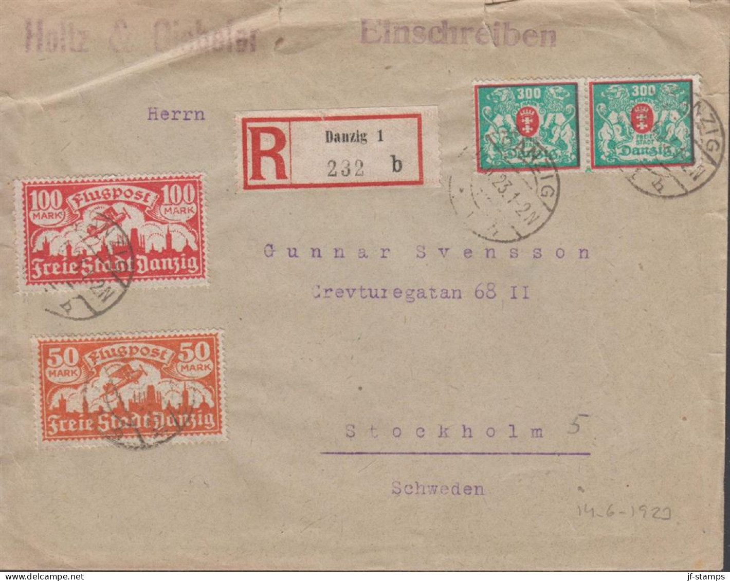 1923. DANZIG. Interesting Registered Cover (tears) To Sweden With Pair 300 MARK And 50 + 100... (Michel 134+) - JF442057 - Briefe U. Dokumente