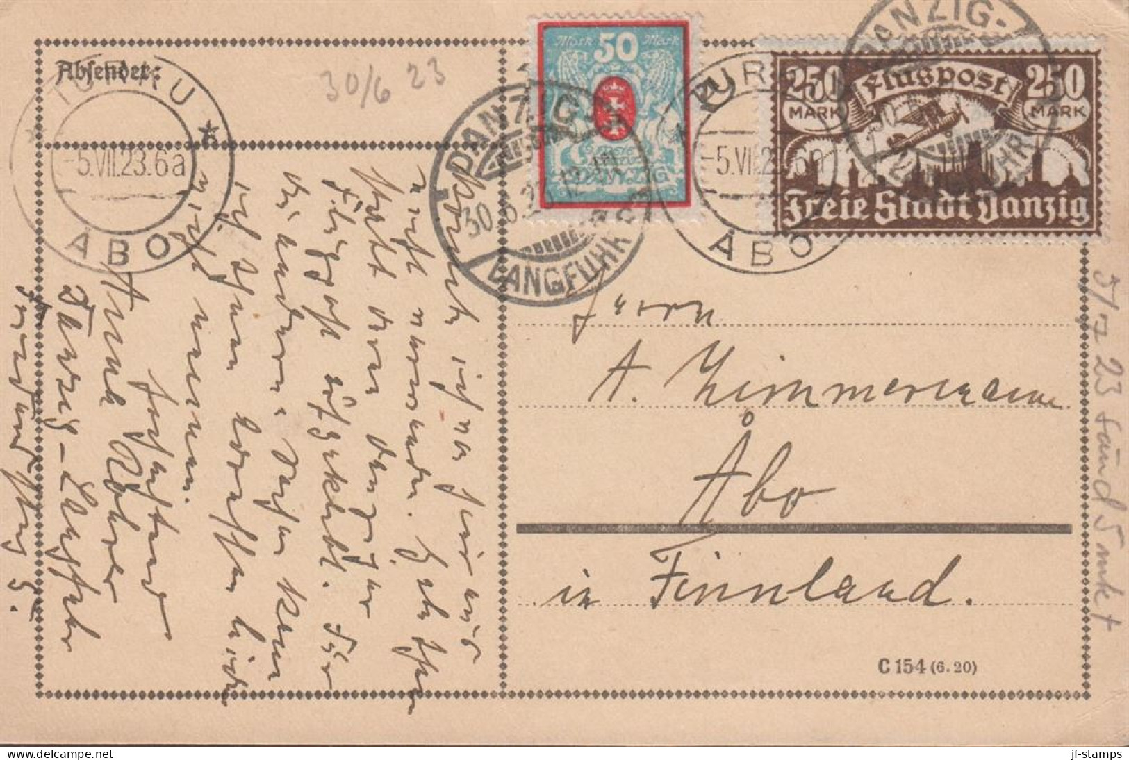 1923. DANZIG. Interesting Postcard To Åbo, Finnland With 50 Mark And 250 MARK Flugpost Cance... (Michel 136+) - JF442059 - Briefe U. Dokumente