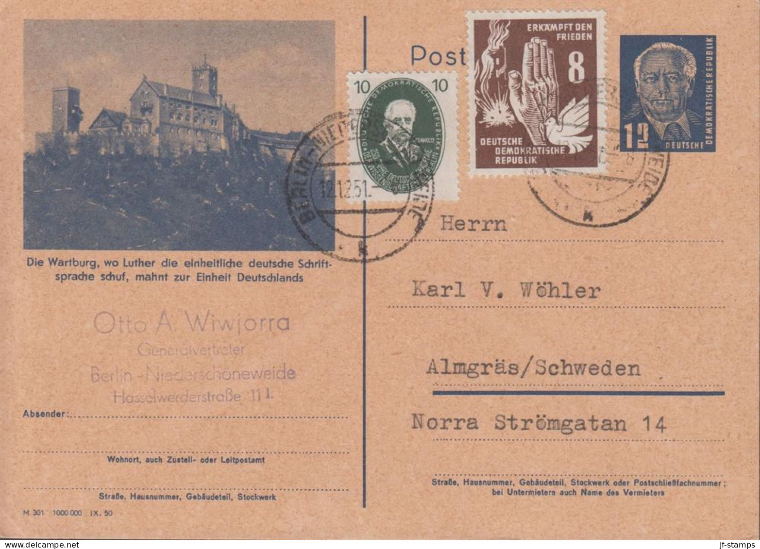 1951. DDR. Wilhelm Pieck. Postkarte 12 Pf. Together With 8 Pf Frieden And 10 Pf Hermann... (MICHEL265 + 277+) - JF442186 - Cartoline - Usati