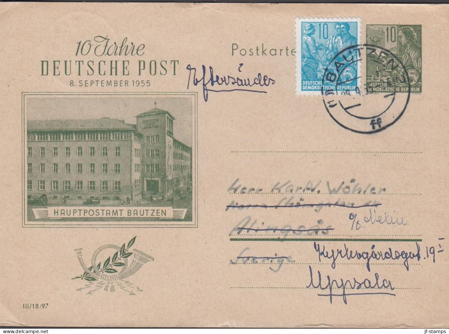 1955. DDR. 10 Jahre DEUTSCHE POST. Postkarte 10 Pf. HAUPTPOSTAMT BAUTZEN Together With 10 Pf... (MICHEL 409+) - JF442207 - Cartoline - Usati