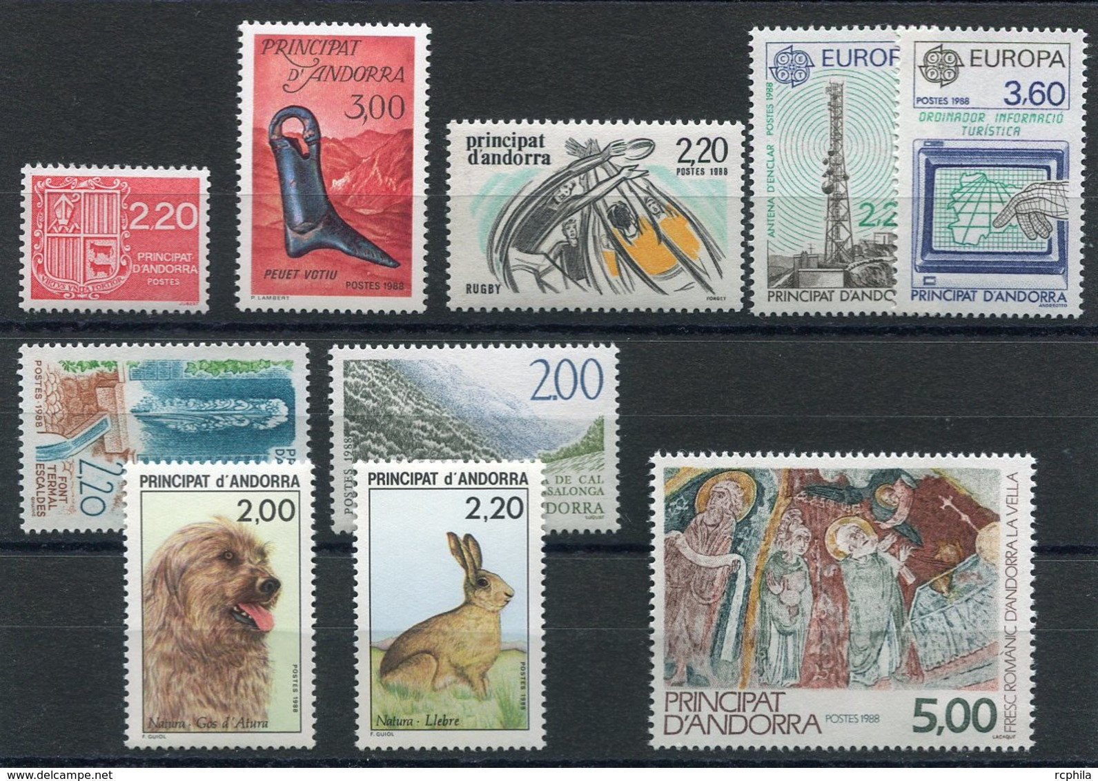 RC 19319 ANDORRE COTE 26,20€ - 1988 ANNÉE COMPLETE SOIT 10 TIMBRES N° 366 / 375 NEUF ** MNH TB - Années Complètes