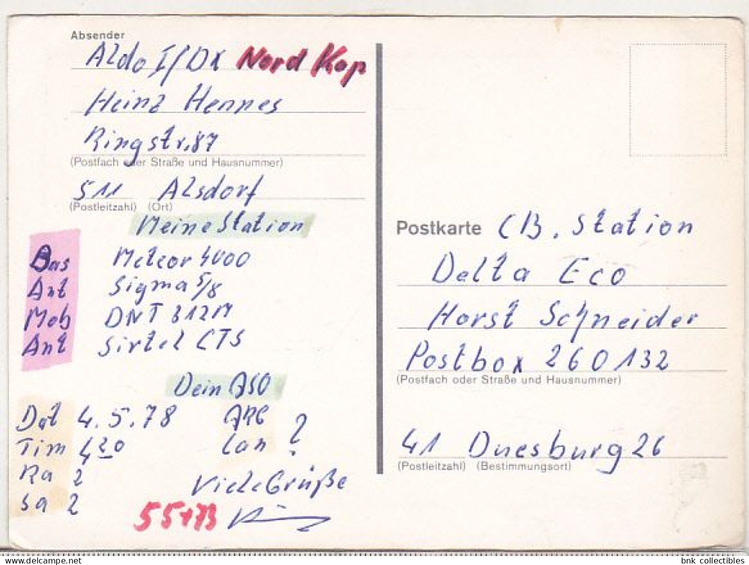 Germany Alsdorf Old QSL Card - CB-Radio Station Funk Aldo I - CB