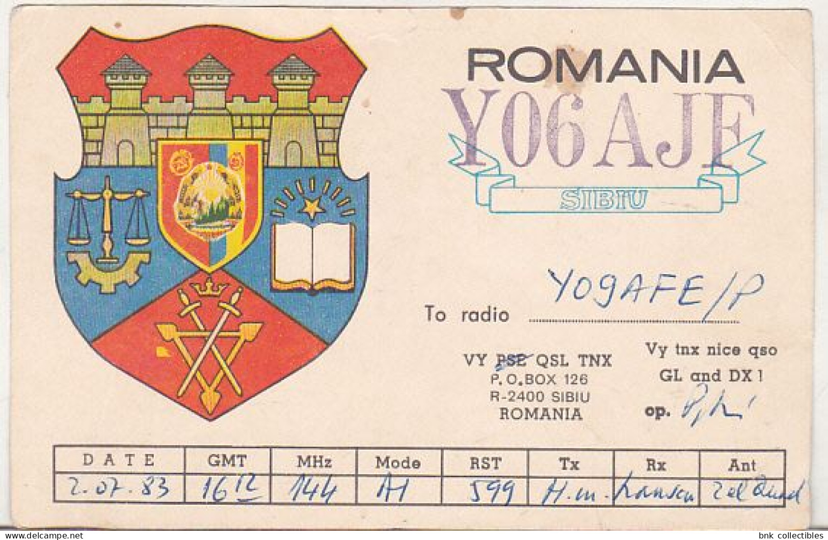 Romania 1983 Circulated QSL Card Y06AJF - Sibiu City Coat Of Arms - Sonstige & Ohne Zuordnung