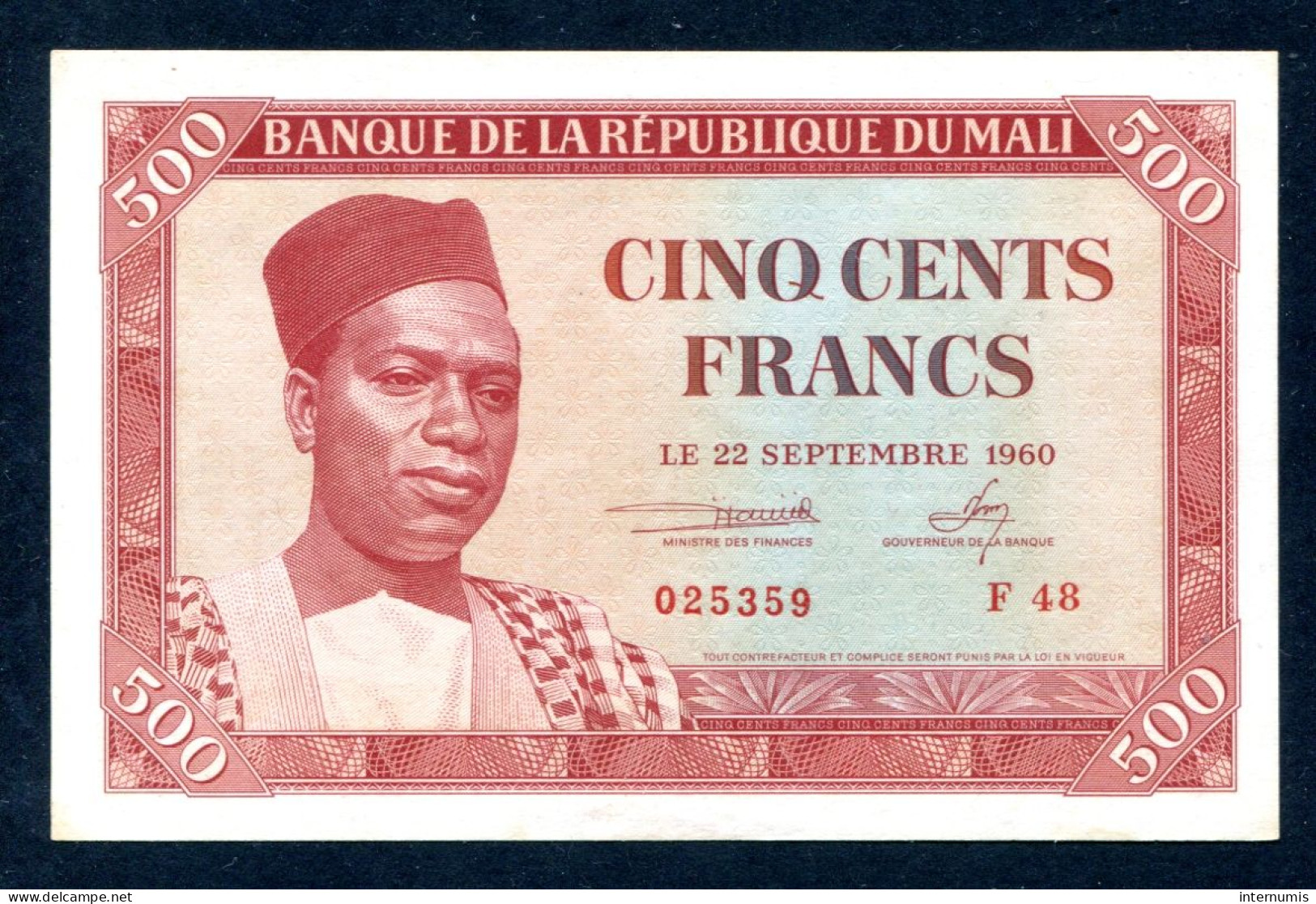 MALI, 500 Francs, 22-09-1960, N° : F28-025359, Neuf (UNC), (Leclerc & Kolsky) K.397, B103a, P.03a - Mali