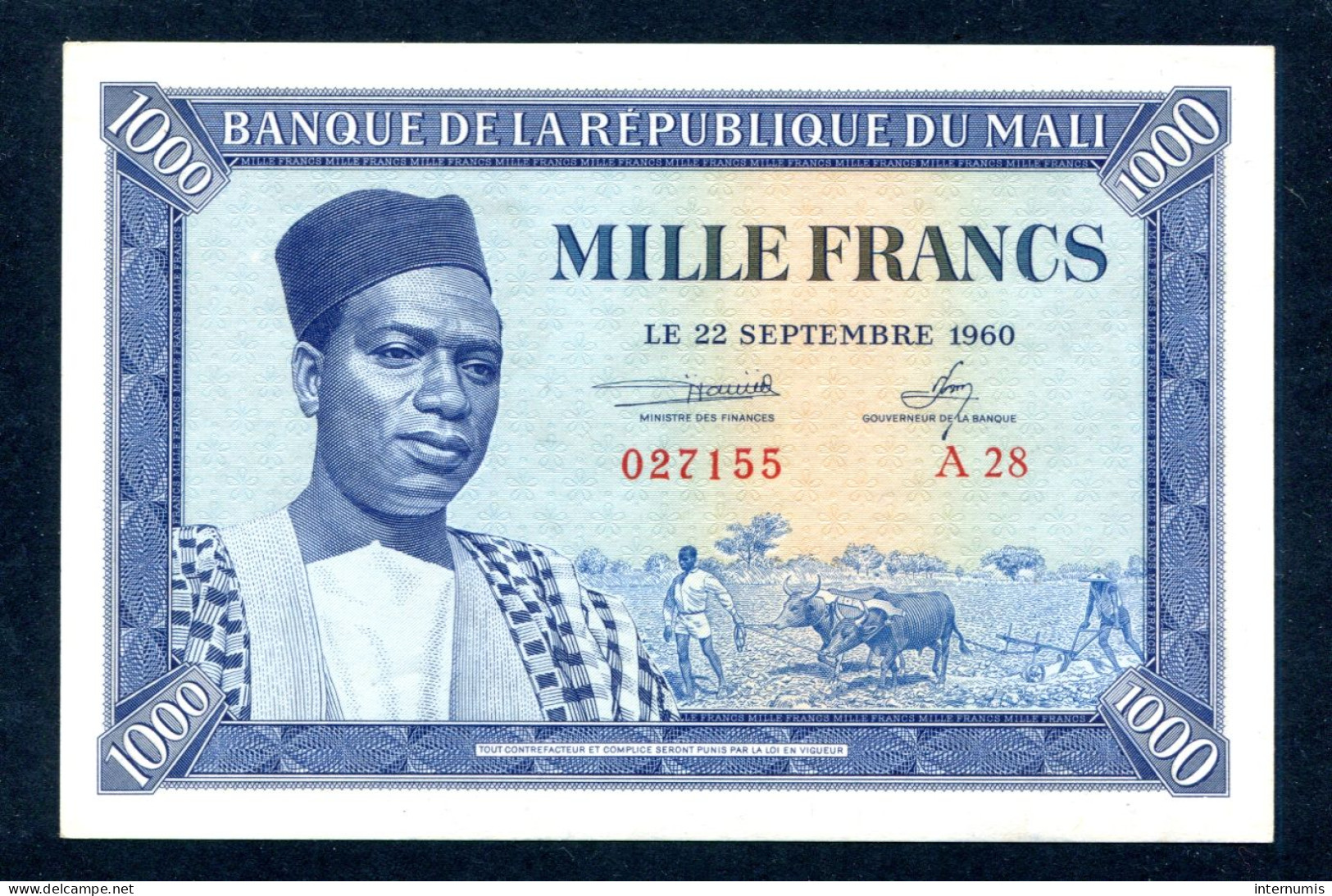 MALI, 1000 Francs, 22-09-1960, N° : A28-027155, Pr. Neuf (UNC), (Leclerc & Kolsky) K.398,B104a, P.04a - Mali