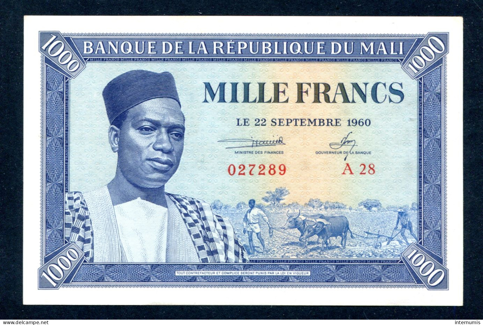 MALI, 1000 Francs, 22-09-1960, N° : A28-027289, Pr. Neuf (UNC), (Leclerc & Kolsky) K.398,B104a, P.04a - Malí