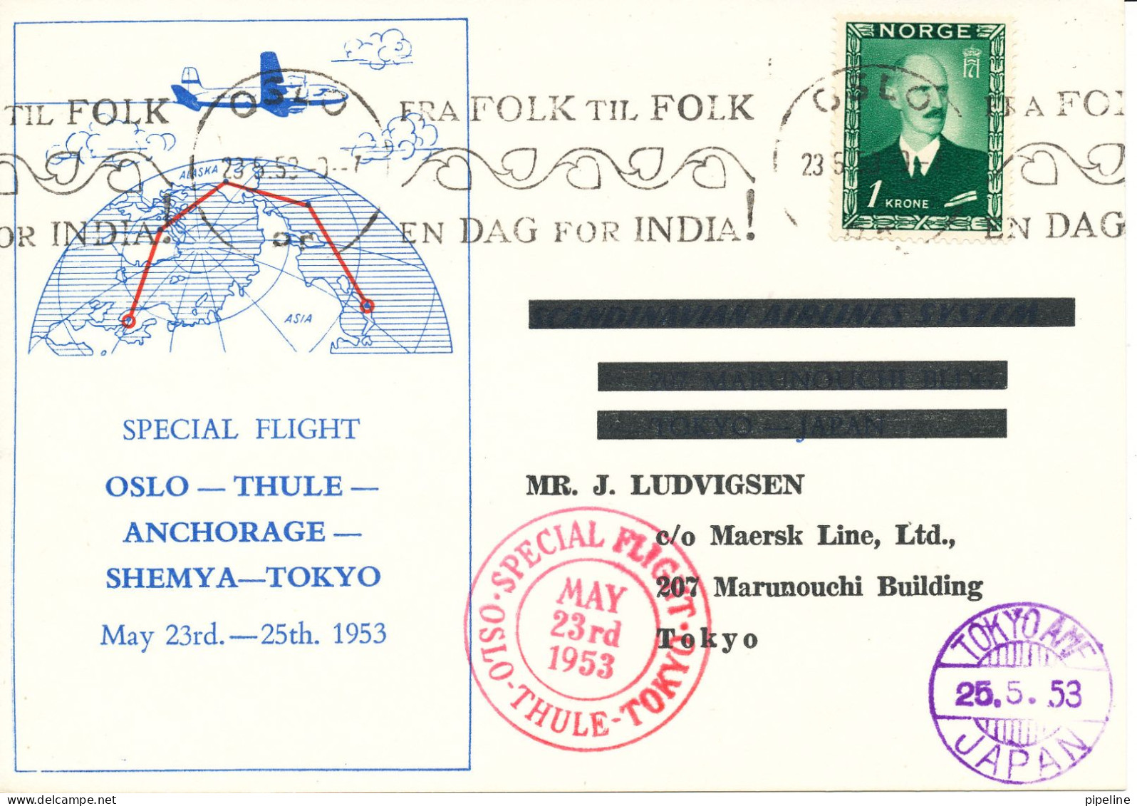 Norway SAS Special Flight Oslo-Thule-Anchorage-Shem Ya-Tokyo 23 To 25-5-1953 - Lettres & Documents