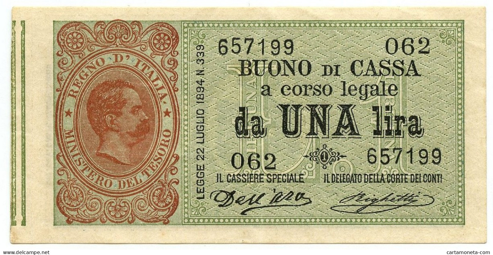 1 LIRA BUONO DI CASSA EFFIGE UMBERTO I 02/08/1894 QSPL - Otros