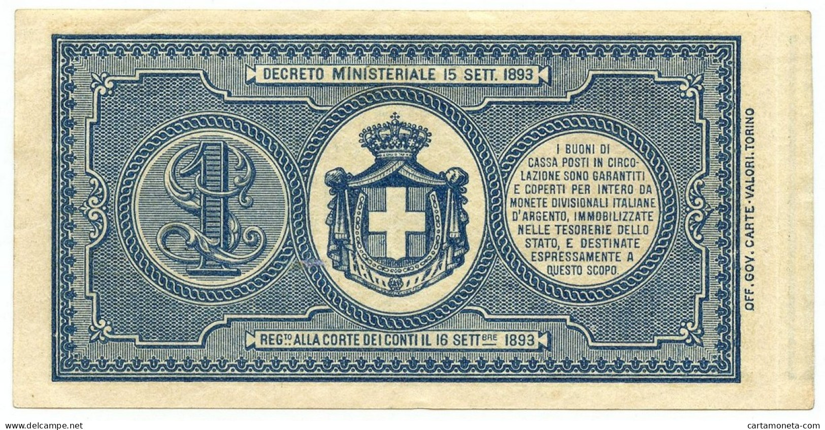 1 LIRA BUONO DI CASSA EFFIGE UMBERTO I 02/08/1894 QSPL - Regno D'Italia – Autres