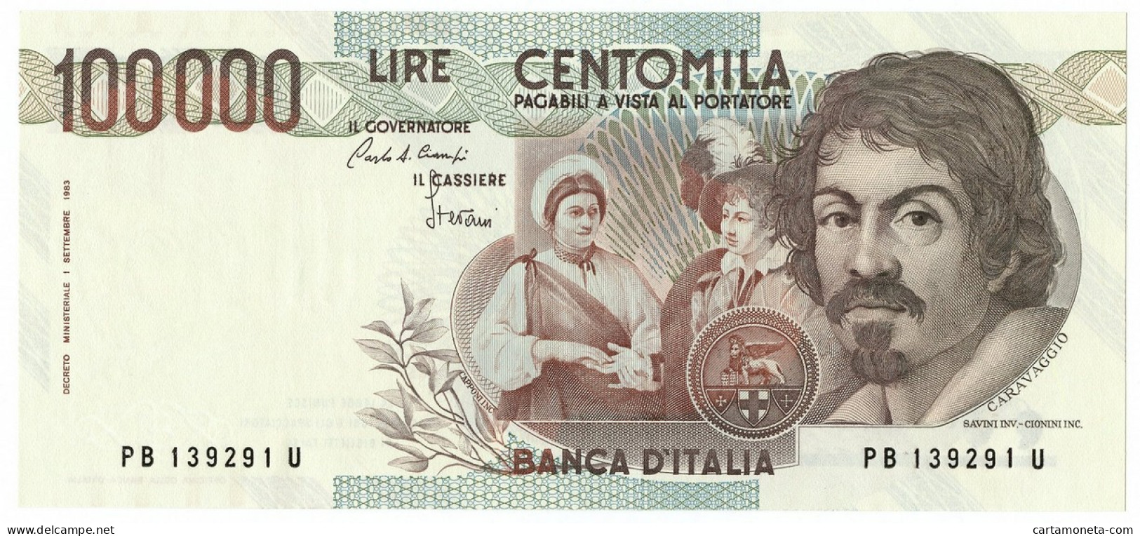 100000 LIRE BANCA D'ITALIA CARAVAGGIO I TIPO LETTERA B 28/10/1985 FDS-/FDS - Altri & Non Classificati