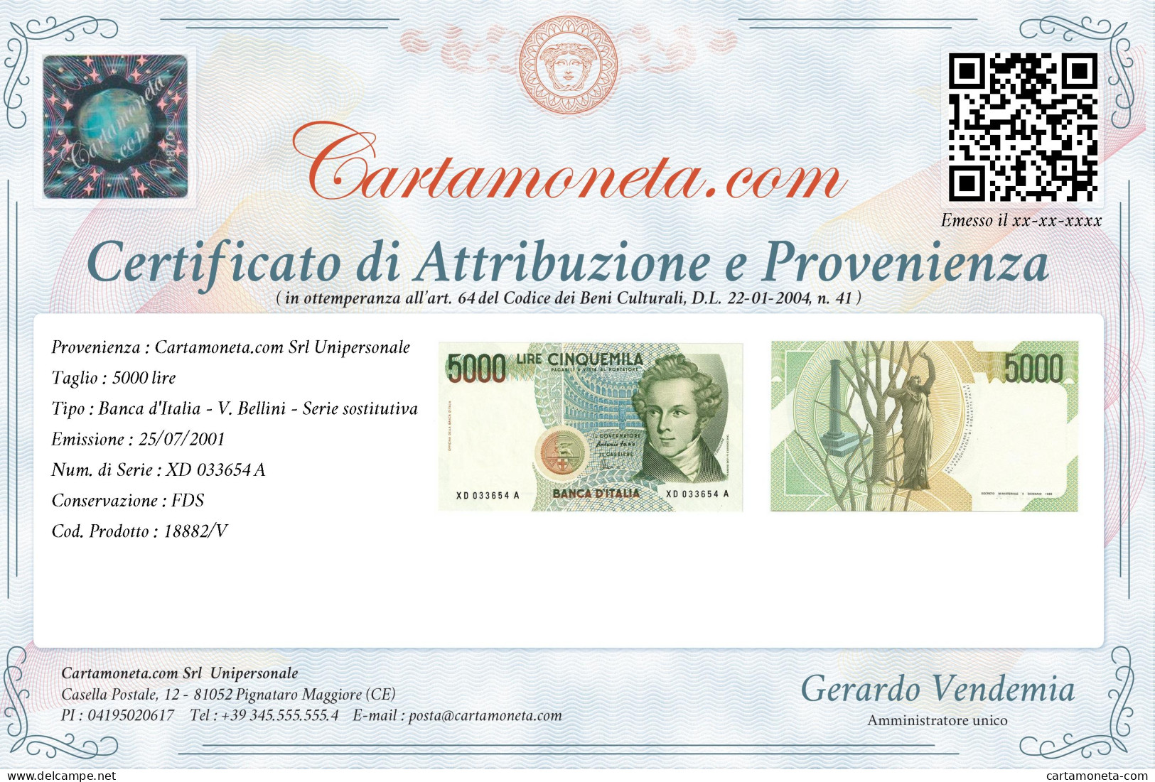 5000 LIRE B. D'ITALIA VINCENZO BELLINI SERIE SOSTITUTIVA XD 25/07/2001 FDS - Altri & Non Classificati