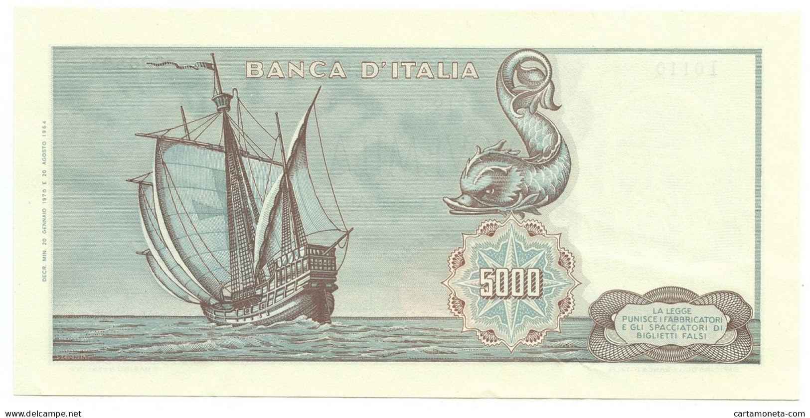 5000 LIRE CRISTOFORO COLOMBO I TIPO MEDUSA 20/01/1970 SPL+ - Altri & Non Classificati