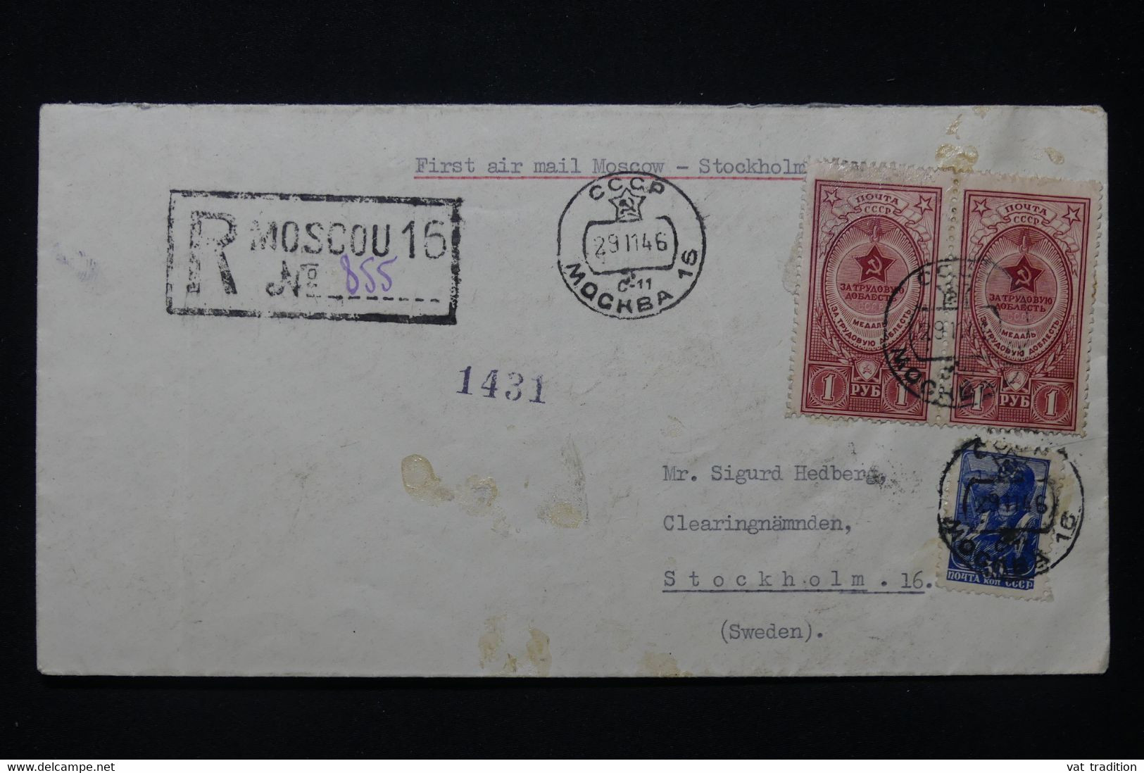 U.R.S.S. - Enveloppe En Recommandé De Moscou Pour La Suède En 1946 Par 1er Vol Moscou / Stockholm - L 91789 - Brieven En Documenten