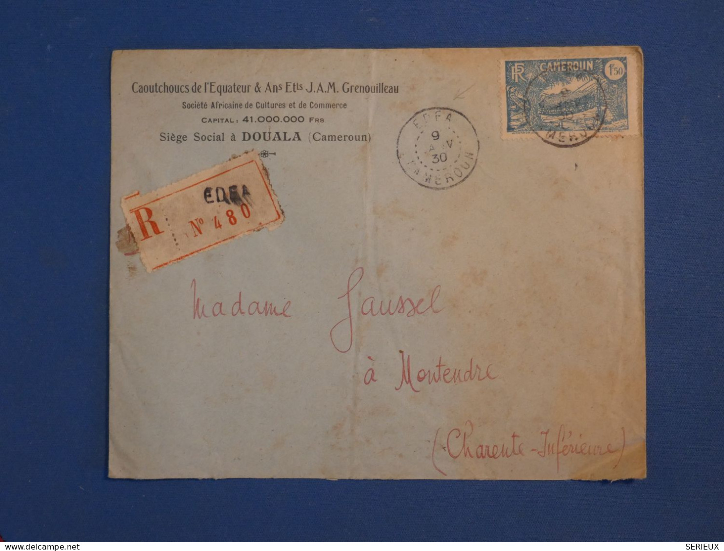 BV11 CAMEROUN   BELLE LETTRE RARE RECOM.  1930 PETIT BUREAU EDFA  A MONTENDRE FRANCE    +CAOUTCHOU +AFF. INTERESSANT+ - Covers & Documents