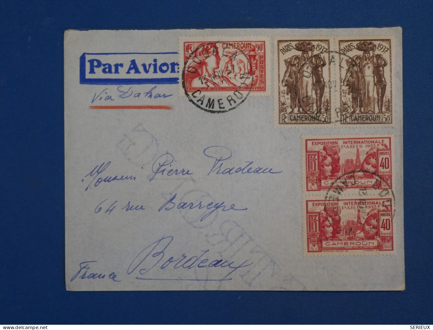 BV11 CAMEROUN   BELLE LETTRE RR  1937 DOUALA  A BORDEAUX  FRANCE +PAIRES DE TP  +AFF. INTERESSANT+ - Storia Postale