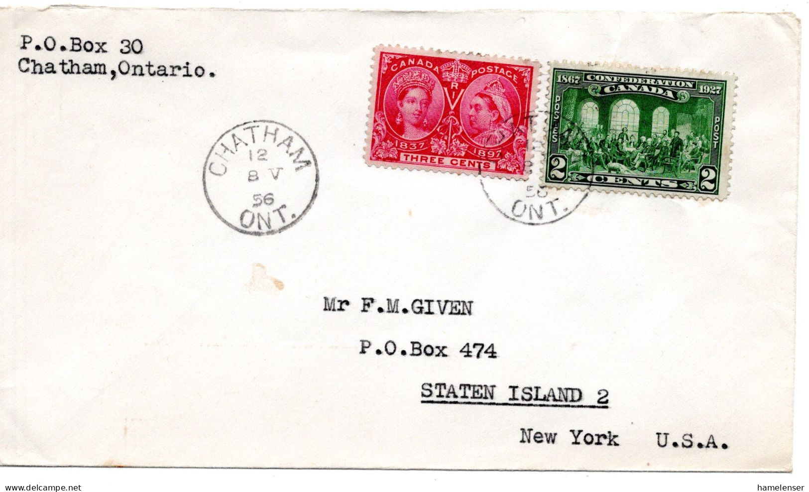 68105 - Kanada - 1956 - 3¢ Victoria Jubilee MiF A Bf CHATHAM ONT -> Staten Island, NY (USA) - Briefe U. Dokumente