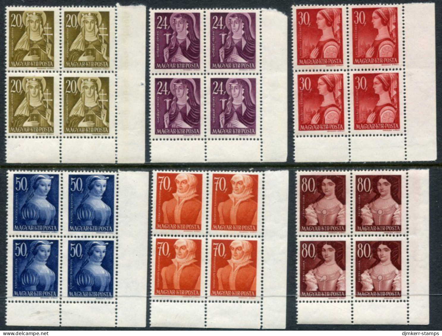 HUNGARY 1944 Famous Women Blocks Of 4 MNH / **.  Michel 754-59 - Ungebraucht