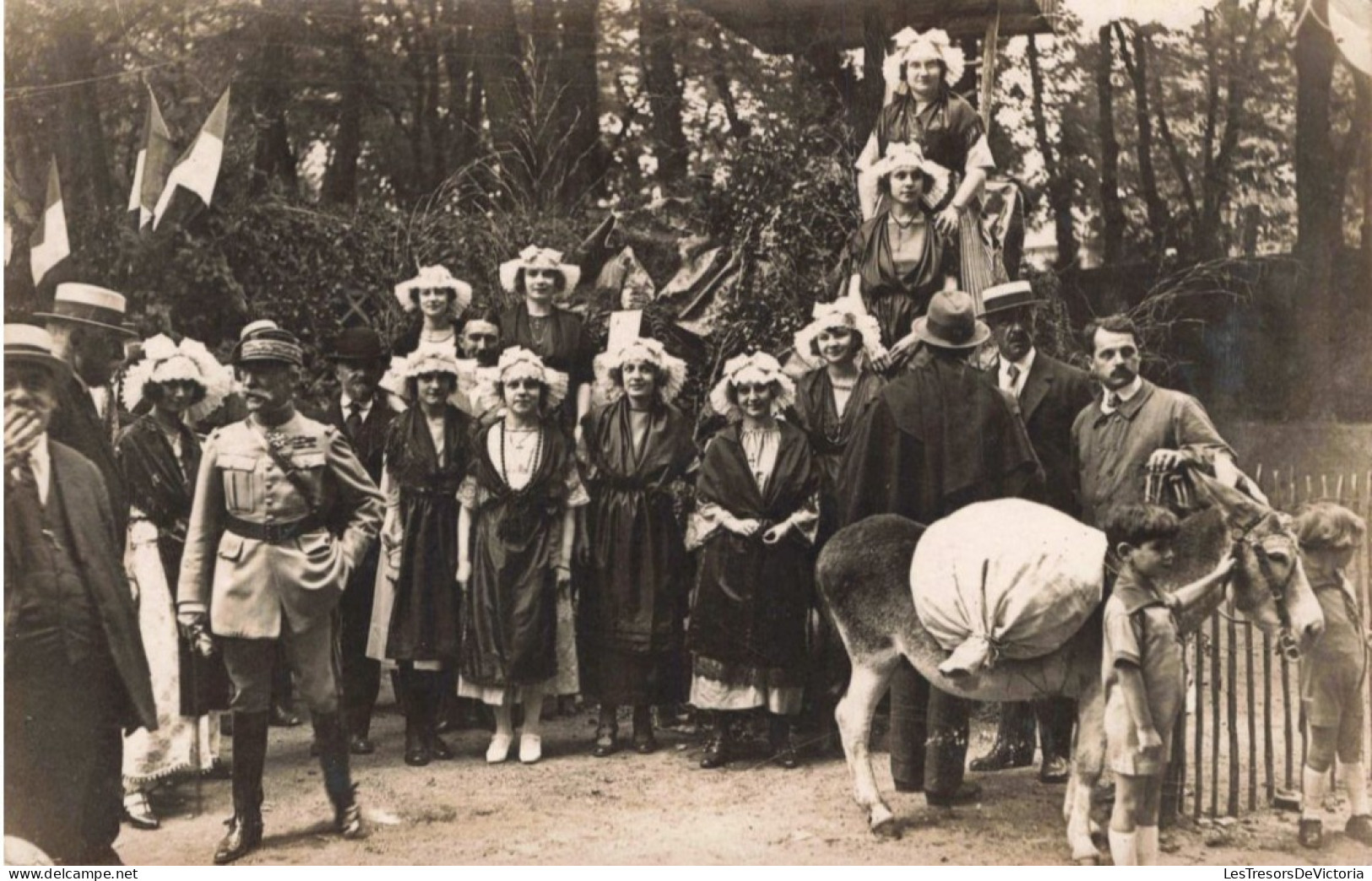 CPA - Photographie - Famille Faisant La Fête - Âne - Militaire - Drapeaux - Carte Postale Ancienne - Fotografia