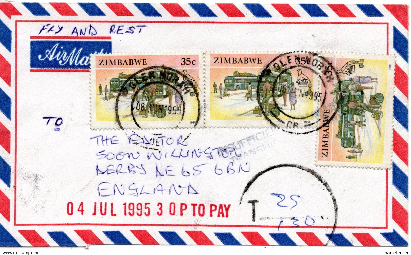 68113 - Zimbabwe - 1995 - 3@35c Busse A LpBf GLEN NORTH -> Grossbritannien, M 30p Nachporto - Zimbabwe (1980-...)