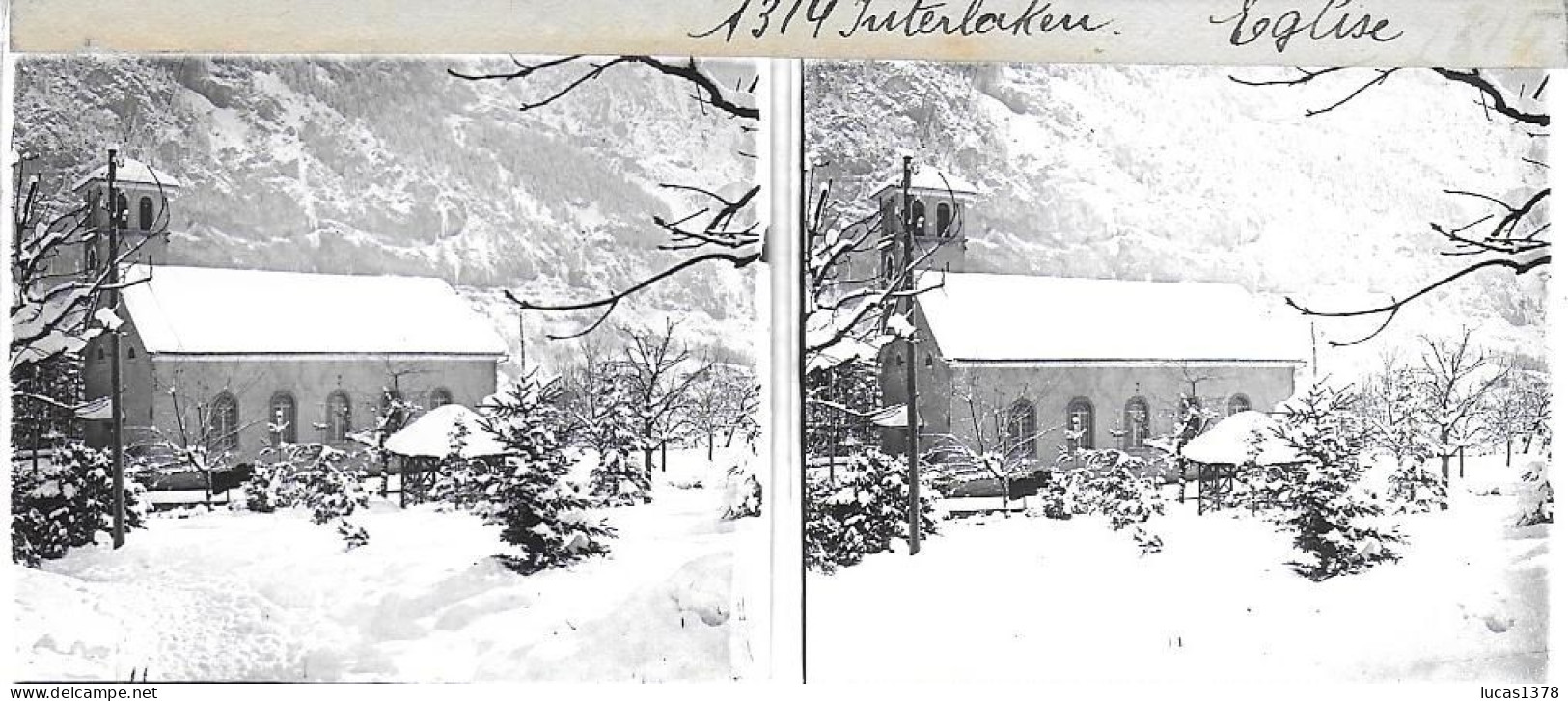 SUISSE / INTERLAKEN / EGLISE SOUS LA NEIGE / DEBUT 20 EME / PLAQUE DE VERRE PHOTO STEREO / - Plaques De Verre