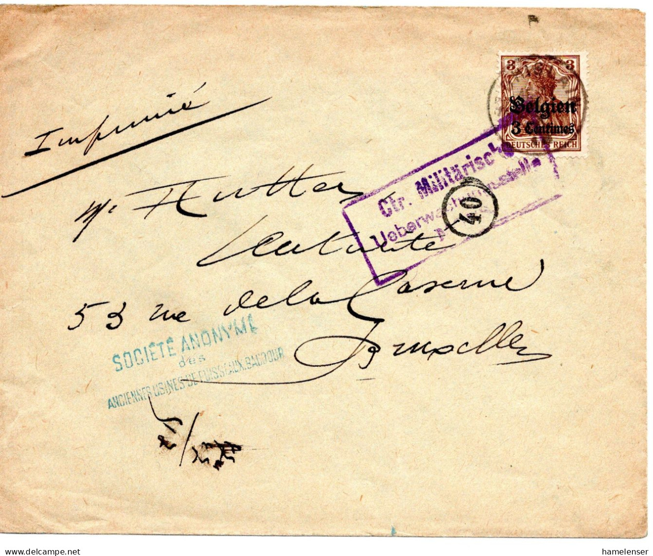 68124 - Deutsches Reich / Bes I WK / Belgien - 1915 - 3c/3Pfg Germania EF A DrucksBf GHISLAIN -> Bruxelles, M Dt Zensur - OC1/25 Generaal Gouvernement