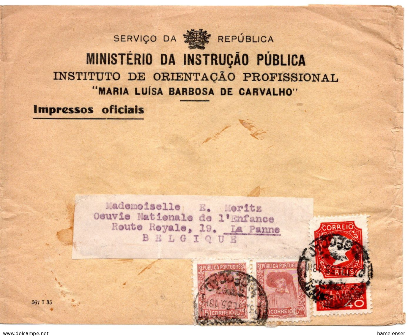 68125 - Portugal - 1935 - 40c Nationale Briefmarkenausstellung MiF A Streifband LISBOA -> Belgien - Briefe U. Dokumente