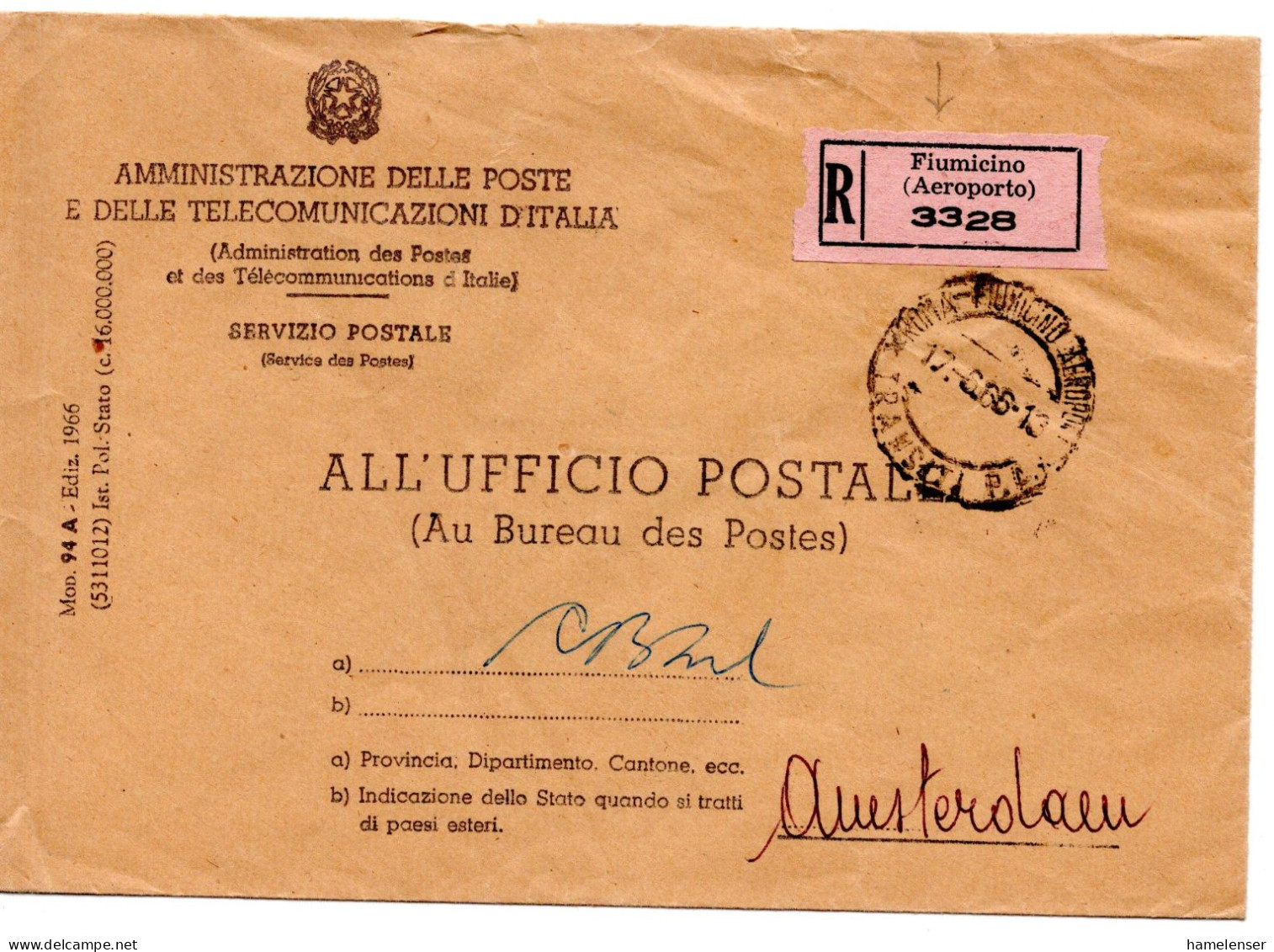 68126 - Italien - 1966 - R-PostdienstBf ROMA -> Niederlande - 1961-70: Poststempel