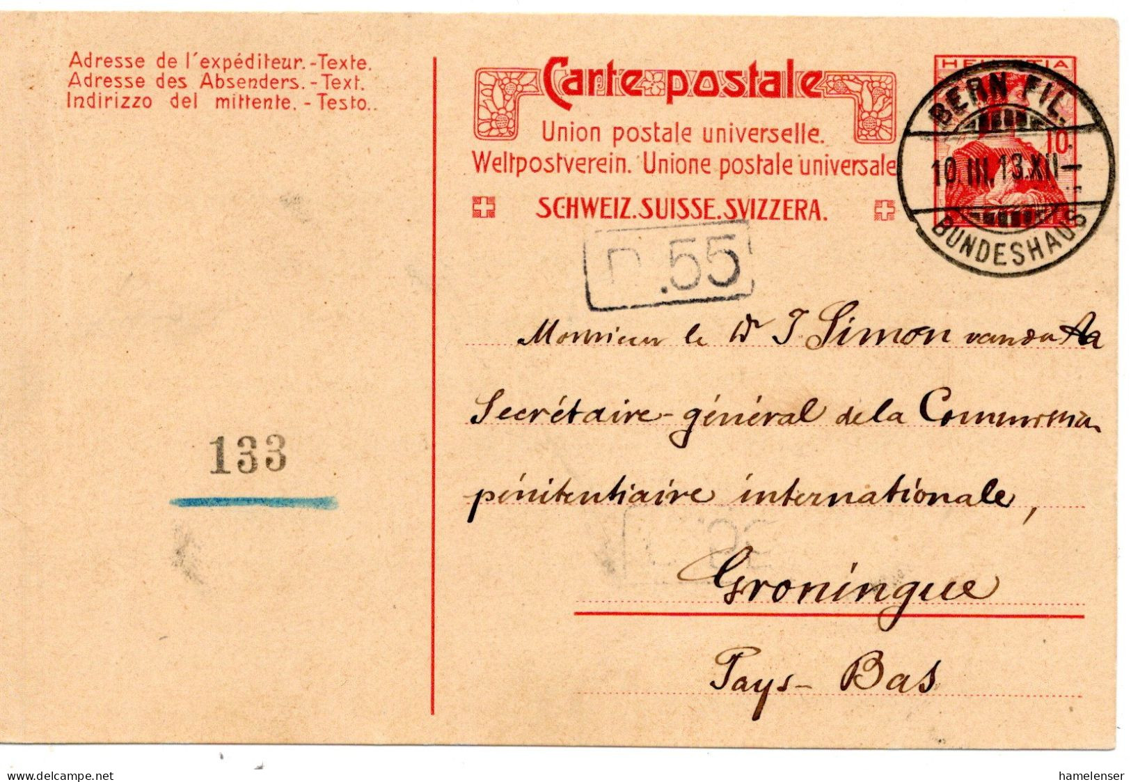 68131 - Schweiz - 1913 - 10Rp GAKte BERN -> Niederlande - Storia Postale