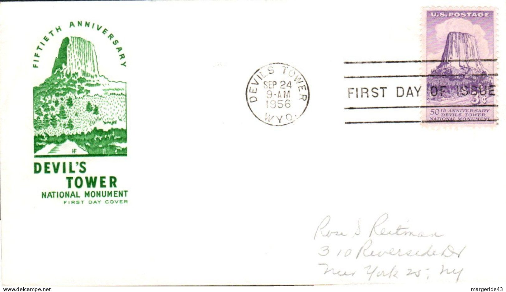 USA ETATS UNIS LETTRE FDC 1956 DEVILS TOWER MONUMENT - 1951-1960