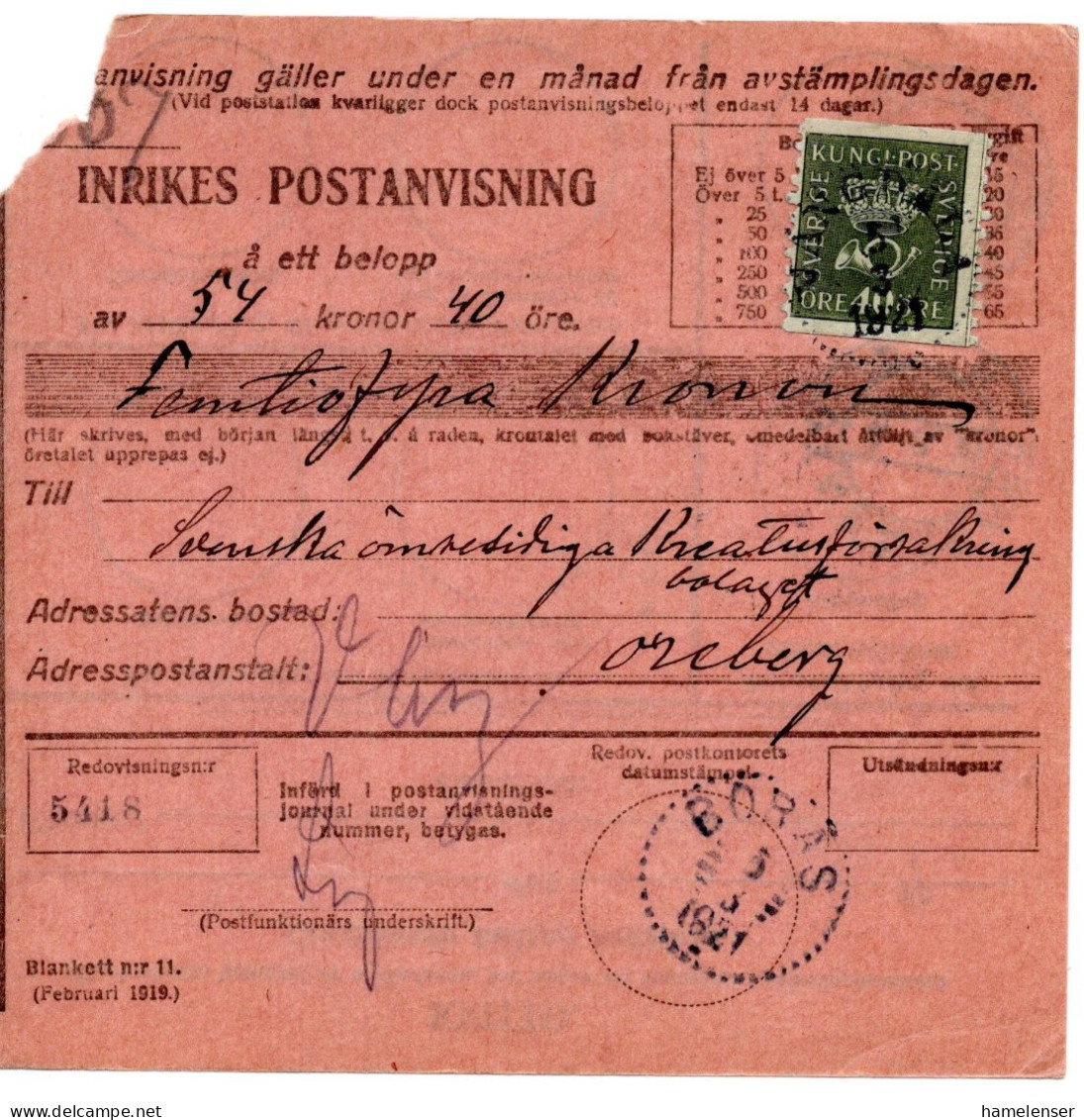 68133 - Schweden - 1921 - 40o. Krone EF A Postanweisung VANGDALA -> BORAS - Cartas & Documentos