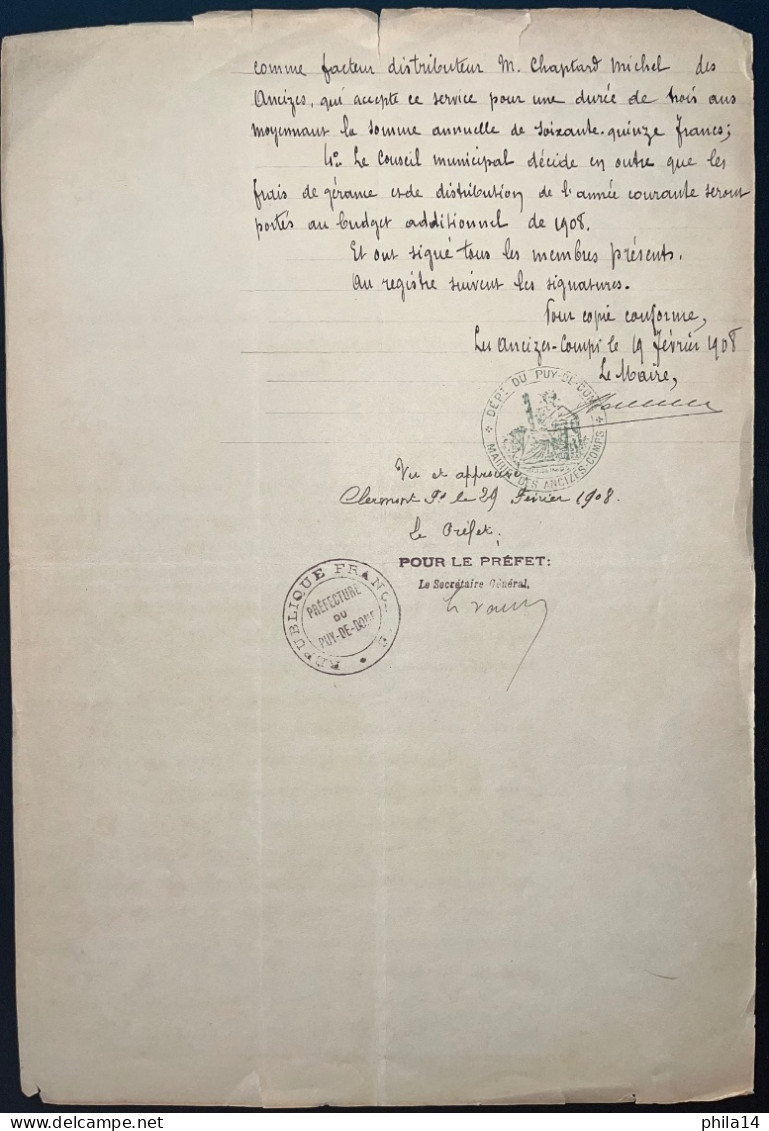 DOCUMENT PUY DE DOME / LES ANCIZES COMPS 1908  ETABLISSEMENT DU SERVICE TELEPHONIQUE - Manuscrits