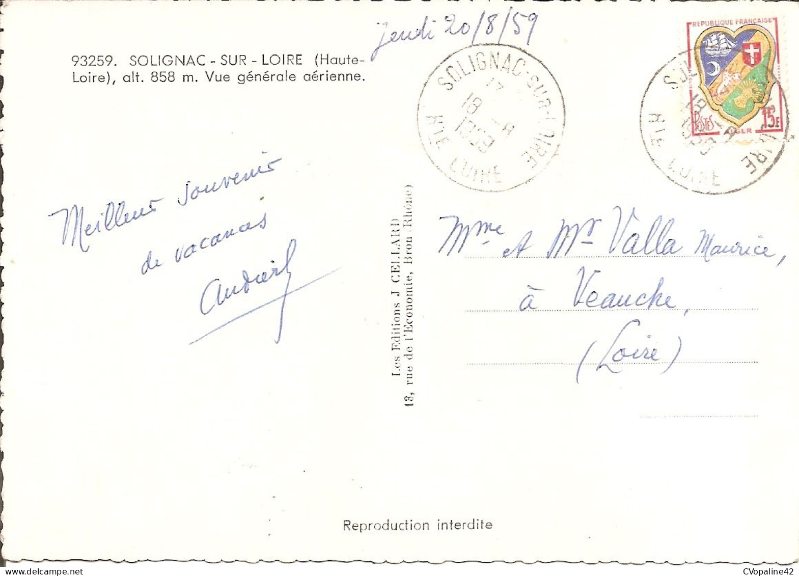 SOLIGNAC-SUR-LOIRE (43) Vue Générale Aérienne En 1959  CPSM GF - Solignac Sur Loire