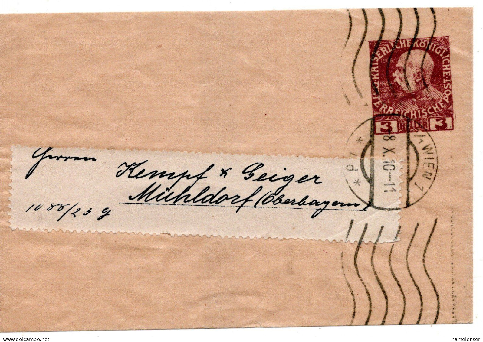 68136 - Österreich - 1910 - 3H Franz-Josef PGAStreifband WIEN -> Deutschland - Briefe U. Dokumente