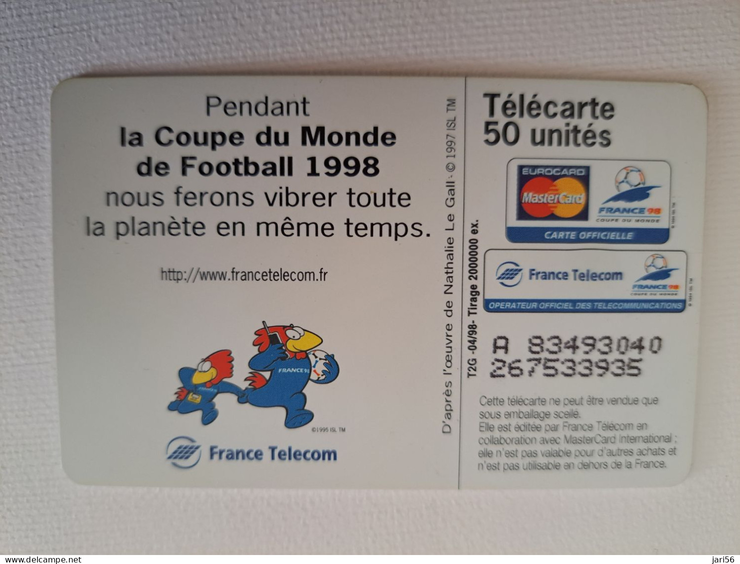 FRANCE/FRANKRIJK   CHIPCARD   50 UNITS / COUPE DE MONDE/ FOOTBAL  FRANCE 98  ** 13897** - Mobicartes (GSM/SIM)
