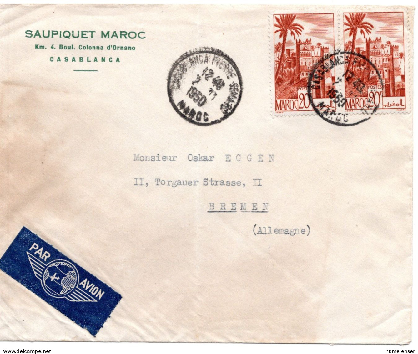 68140 - Marokko - 1950 - 2@20F A LpBf (etw Fleckig) CASABLANCA -> Westdeutschland - Cartas & Documentos
