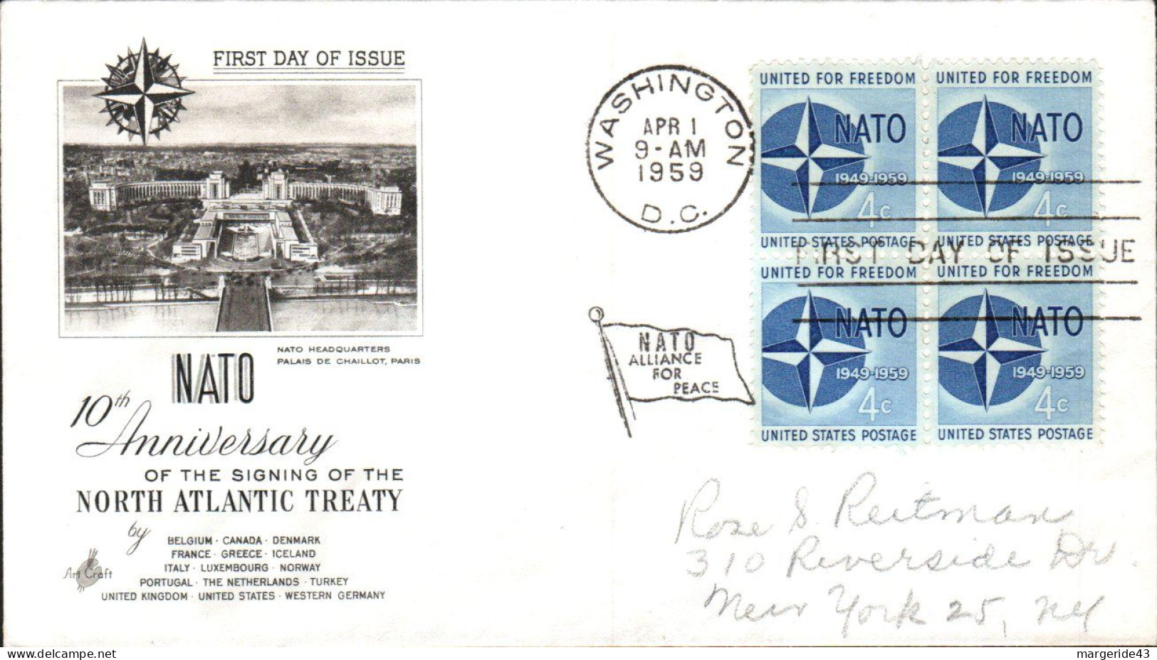 USA ETATS UNIS LETTRE FDC 1959 10 ANS DE L'OTAN - 1951-1960