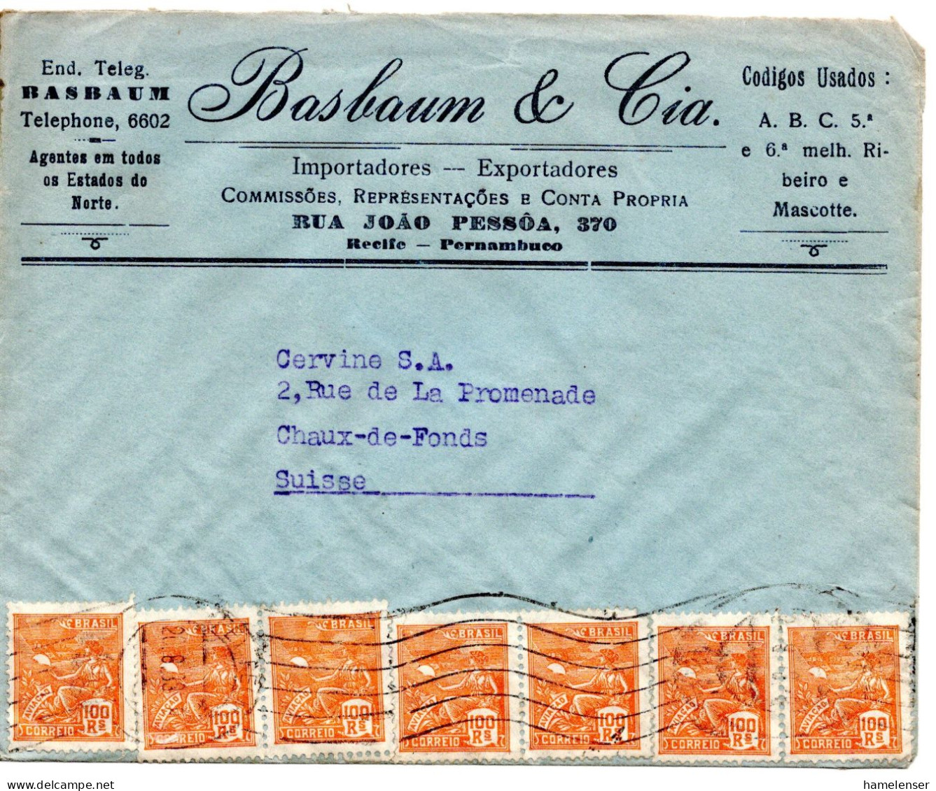 68142 - Brasilien - 1938 - 7@100Rs A Bf RECIFE -> Schweiz - Lettres & Documents