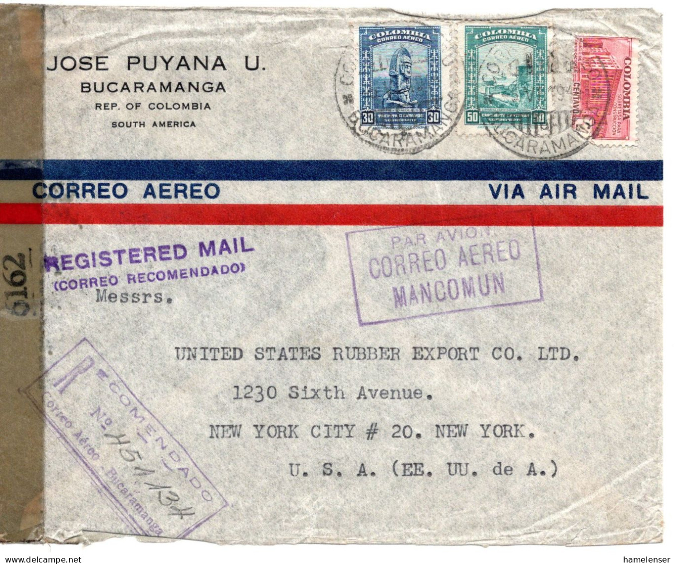 68144 - Kolumbien - 1943 - 50c Luftpost MiF A R-LpBf BUCAMARANGA -> BARRANQUILLA -> BOGOTA -> NEW YORK (USA) M US-Zensur - Colombia