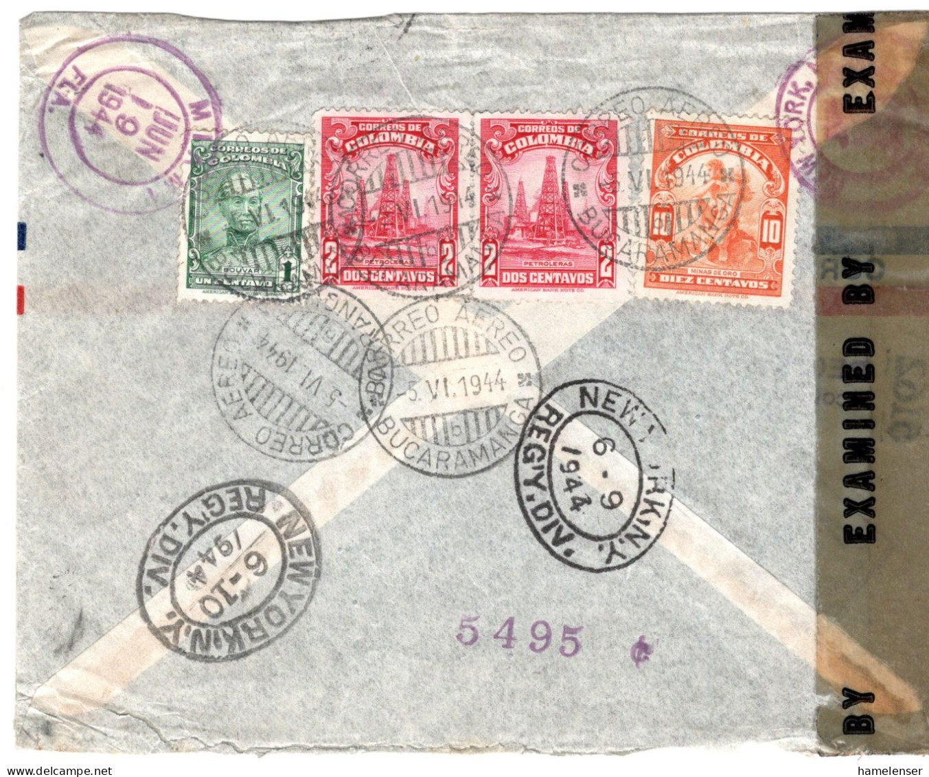 68144 - Kolumbien - 1943 - 50c Luftpost MiF A R-LpBf BUCAMARANGA -> BARRANQUILLA -> BOGOTA -> NEW YORK (USA) M US-Zensur - Kolumbien