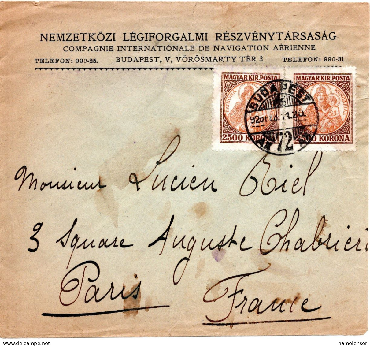 68145 - Ungarn - 1926 - 2@2500K A Bf BUDAPEST -> Frankreich - Lettres & Documents