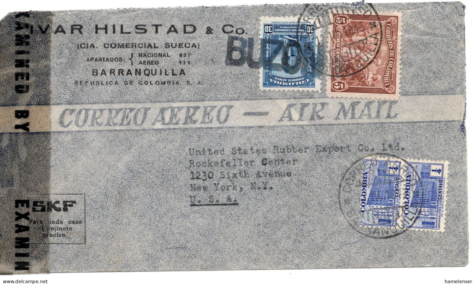 68146 - Kolumbien - 1943 - 30c Luftpost MiF A LpBf BARRANQUILLA -> New York, NY (USA) M US-Zensur - Colombia