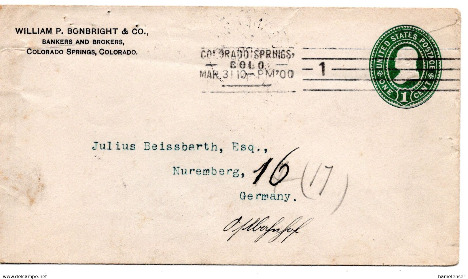 68148 - USA - 1900 - 1¢ GAUmschlag COLORADO SPRINGS -> NUERNBERG (Deutschland) - Cartas & Documentos