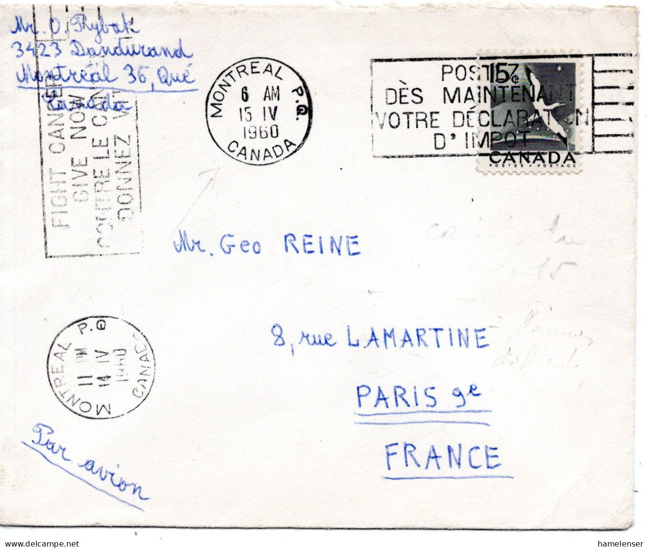 68151 - Canada - 1960 - 15¢ Vogel EF A LpBf MONTREAL - ... -> Frankreich, 2 Versch Werbestpl! - Lettres & Documents