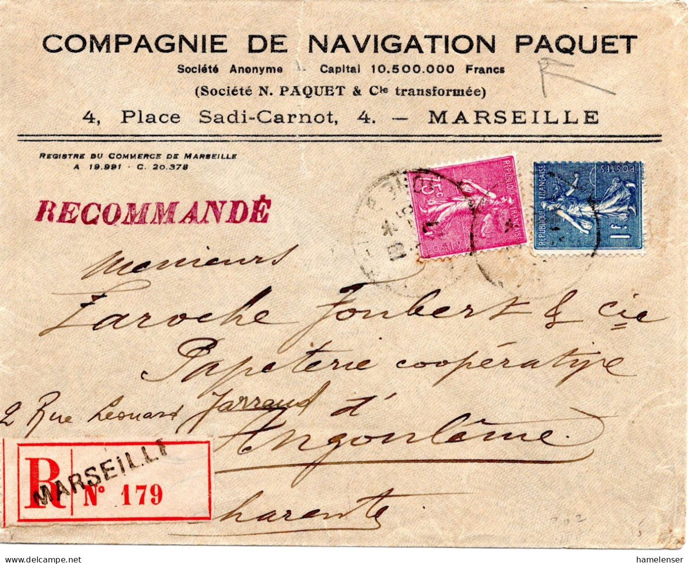 68154 - Frankreich - 1917 - 1F Säerin MiF A R-Bf MARSEILLE -> ANGOULEME - 1903-60 Säerin, Untergrund Schraffiert