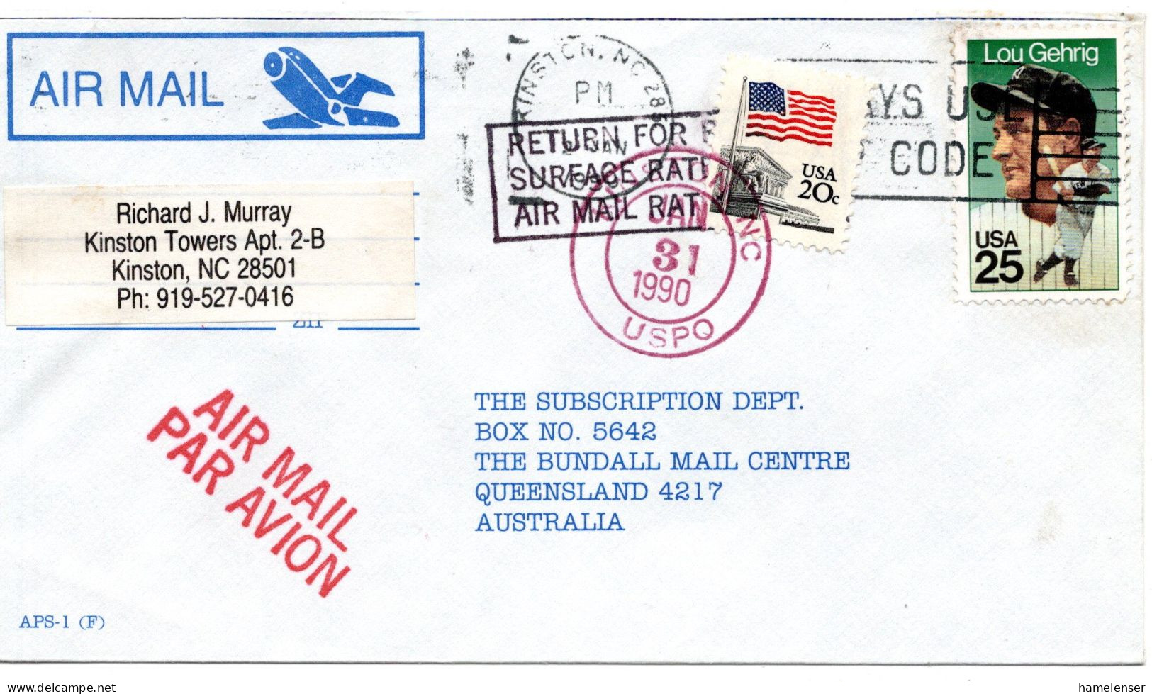 68156 - USA - 1990 - 25¢ Gehrig MiF A LpBf KINSTON, NC -> Australien, Nachfrankiert Durch Absender - Lettres & Documents