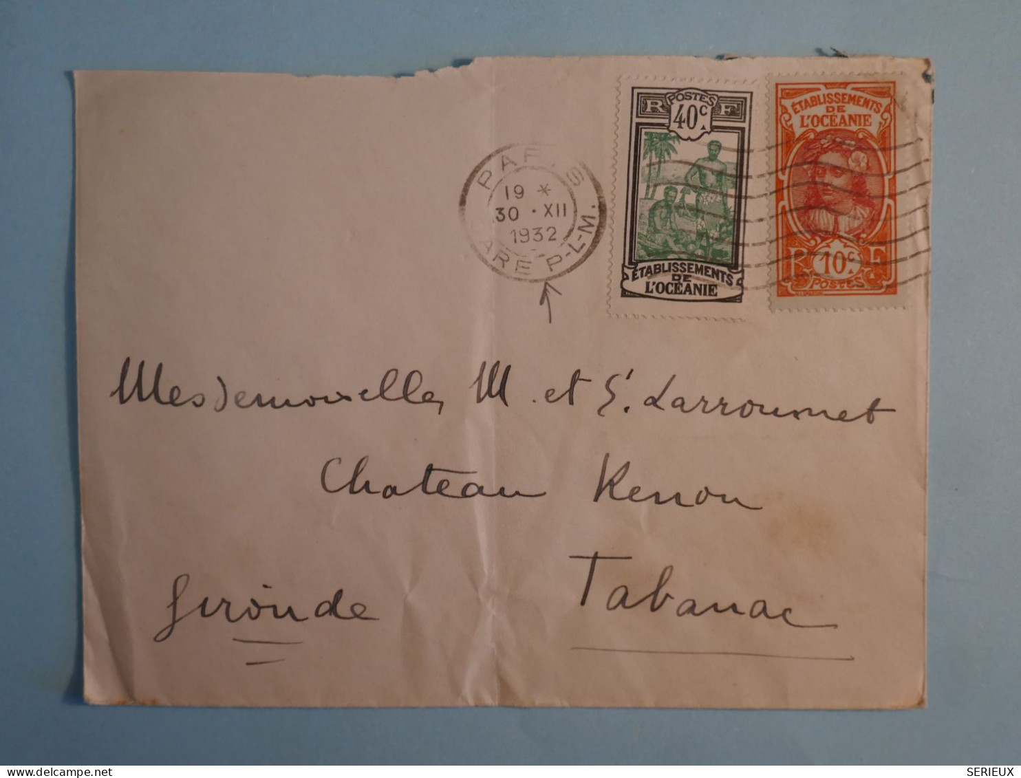 BV12 ET. FRANCAIS OCEANIE   BELLE LETTRE  1932 TABANAC VIA  PARIS FRANCE+C. CARE PLM +++AFF. PLAISANT+ - Lettres & Documents